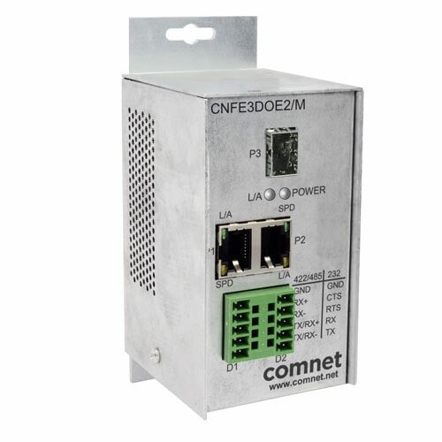 Comnet CNFE3DOE2/M Tx/Rx de 2 canales de datos RS232/RS422/RS485 sobre ethernet. 2 RJ45 + 1 SFP, 100 Mbps. Fuente alimentación n