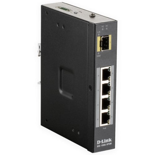 D-Link DIS-100G-5PSW Switch industrial PoE de 4 puertos de cobre 100/1000 + 1 SFP 100/1000. No gestionable. 48Vdc. PoE 120W máx.