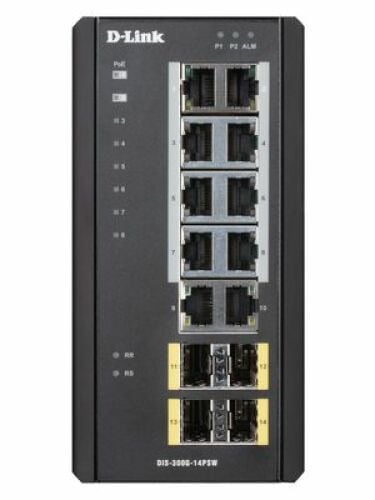 D-Link DIS-300G-14PSW Switch industrial PoE de 10 puertos de cobre 100/1000 + 4 SFP 100/1000. 8 puertos PoE, 240W máx. Capa 2 ge