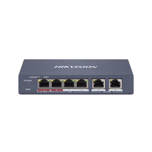 Hikvision Basic DS-3E1106HP-EI Switch PoE de 4 puertos 100Mbps (1 Hi-PoE 60W, 2-4 PoE+ 30W extend 300m) + 2 uplink 100Mbps, gest