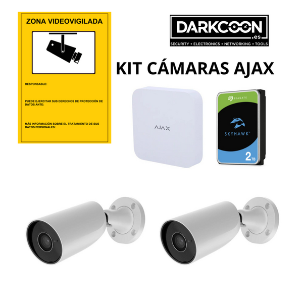 Kit Ajax Videovigilancia IP. Con NVR de 8 canales 5Mpx 2,8mm + Disco duro 1Tb + 2 Cámaras Bullet IP 5Mpx + Cartel Advertencia