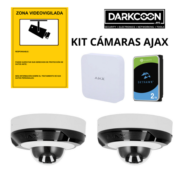 Kit Ajax Videovigilancia IP. Con NVR de 8 canales 5Mpx 2,8mm + Disco duro 1Tb + 2 Cámaras Domo IP 5Mpx + Cartel Advertencia