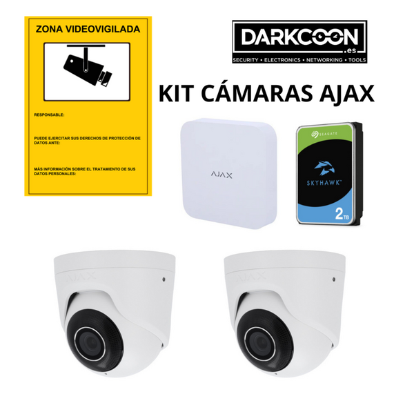 Kit Ajax Videovigilancia IP. Con NVR de 8 canales 5Mpx 2,8mm + Disco duro 1Tb + 2 Cámaras Turret IP 5Mpx + Cartel Advertencia