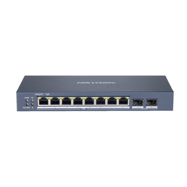 Switch 8 puertos PoE+ 10/100/1000 Mbps 2 Puertos SFP Uplink Gestión inteligente Hikvision