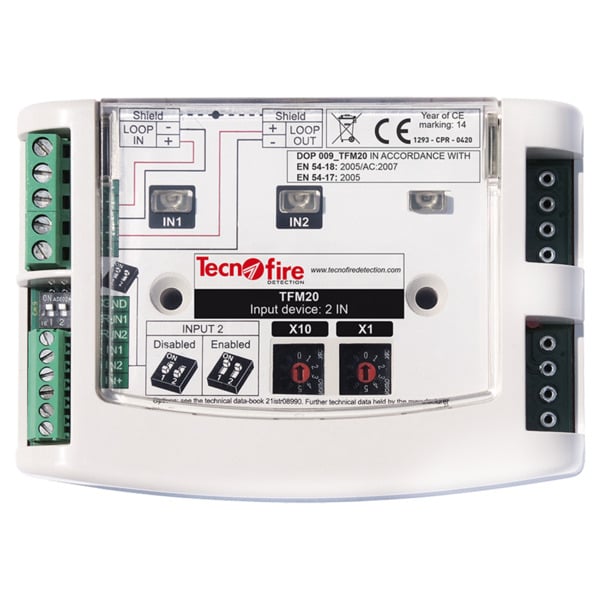 TECNOFIRE TF-TFM20 Módulo direccionable 2 entradas - 4 criterios de funcionamiento: -  alarma, silencio, restablecimiento o y  n