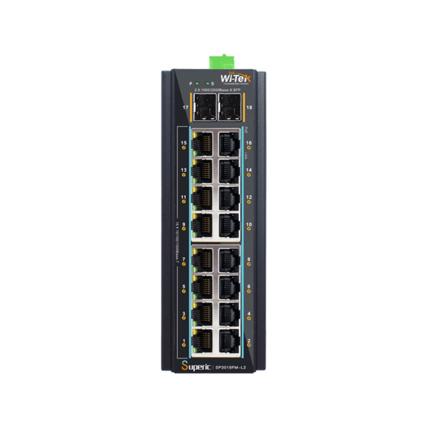 Wi-Tek WITEK-0139 SP3018FM-L2 Switch PoE gestionable L2 Wi-Tek de gama industrial. 16 puertos PoE+ Gigabit. 2 puertos SFP de 2,5